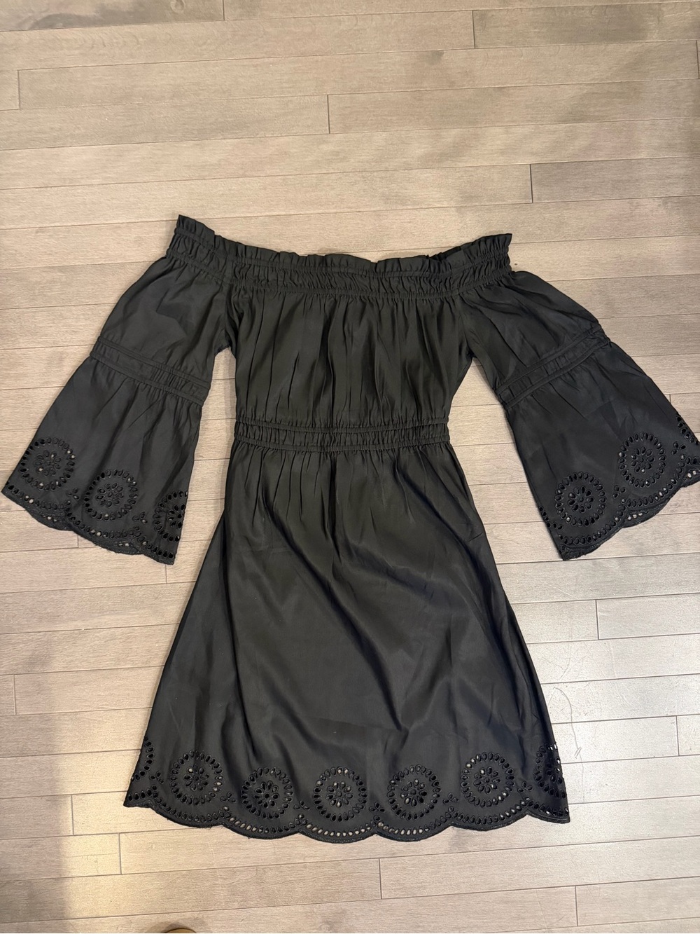 Venus Off-Shoulder Black Eyelet Hem Dress